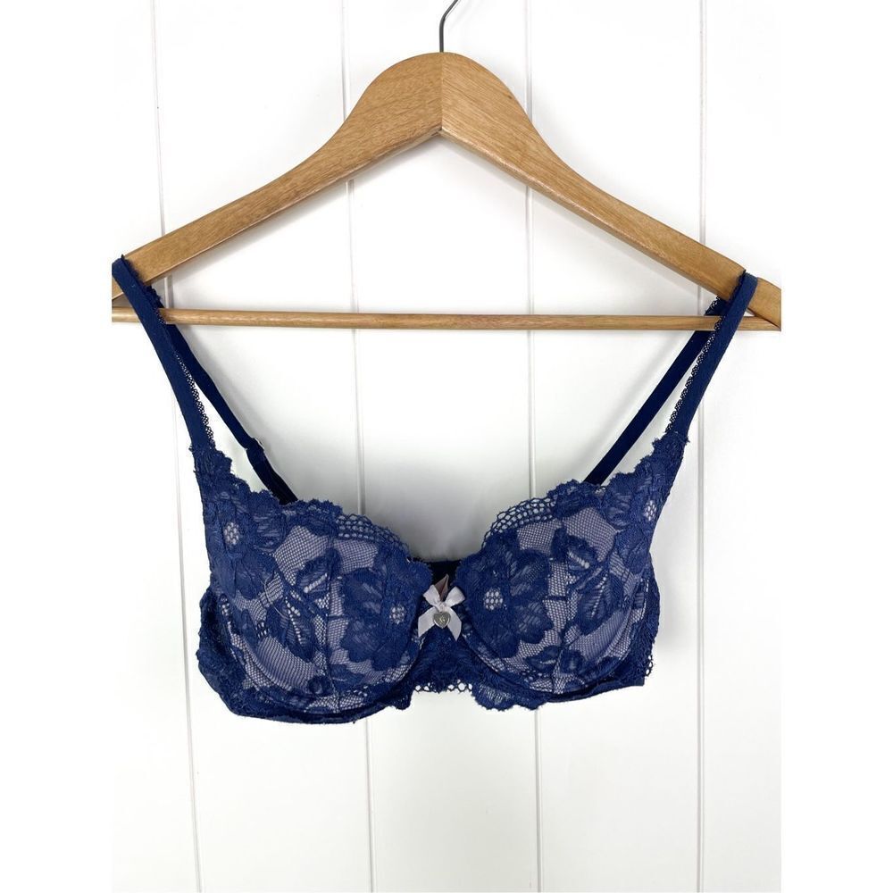 VS Victoria's Secret Body By Victoria Lined Demi Bra 32C Dark Blue W/ Floral Lac